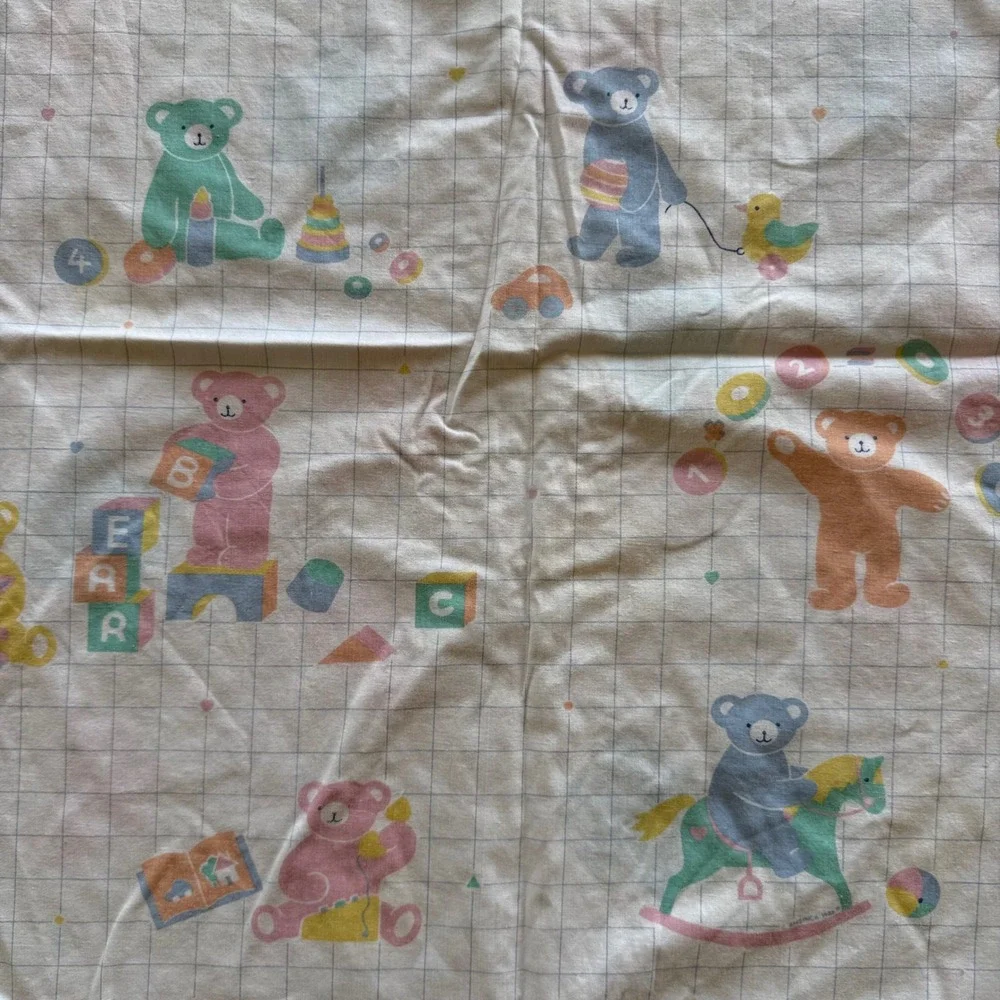 Vintage Reversible Baby Blanket Teddy Bears Crochet Lace Trim 48